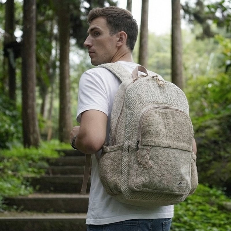 升級款 100%hemp大麻纖維大容量男女通用後背包 _公平貿易 - 後背包/背包/書包 - 棉．麻 卡其色