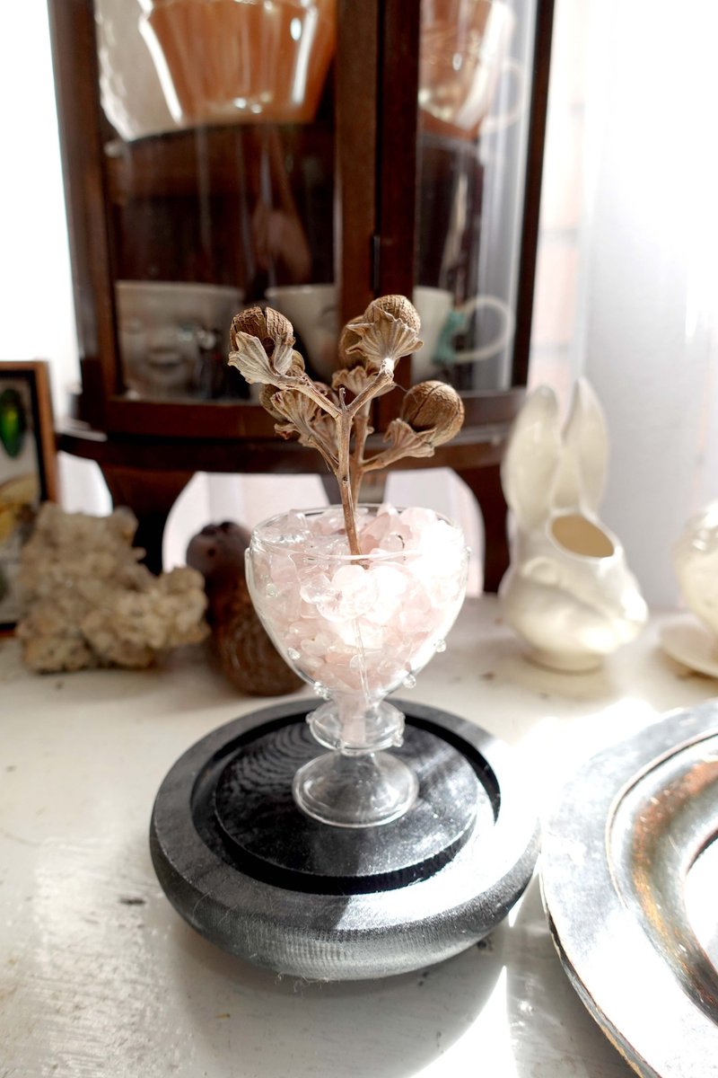 日本中古玻璃杯粉晶乾花玻璃罩木底擺設 高級二手古著珠寶首飾 - 擺飾/家飾品 - 其他材質 多色