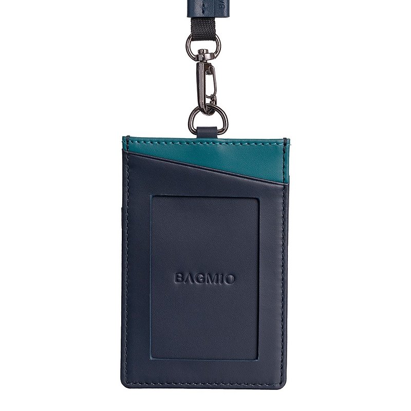 Two-color cowhide three-card straight ID holder/with webbing-blue- Teal - ที่ใส่บัตรคล้องคอ - หนังแท้ สีน้ำเงิน