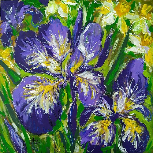AZA-Art Iris Painting Original Art Acrylic Flower Artwork Flowers Irises Daffodils