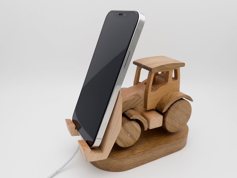 Wooden Phone Stand, Scoop tractor, Phone Docking and Stand, Farm Tractor - Phone Stands & Dust Plugs - Wood Brown