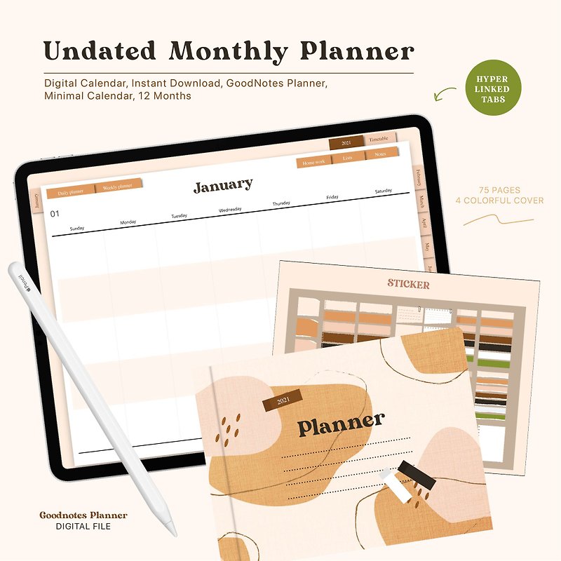 Digital Planner, Undated Monthly Planner,GoodNotes Planner, Minimal Calendar, 12 - 筆記本/手帳 - 其他材質 卡其色
