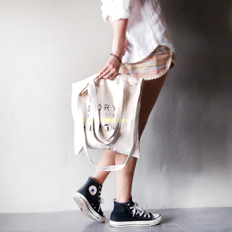 Ma'pin three generations of new Tote my story fluorescent yellow / long + short strap cotton canvas handprint Tote bag - Messenger Bags & Sling Bags - Cotton & Hemp White