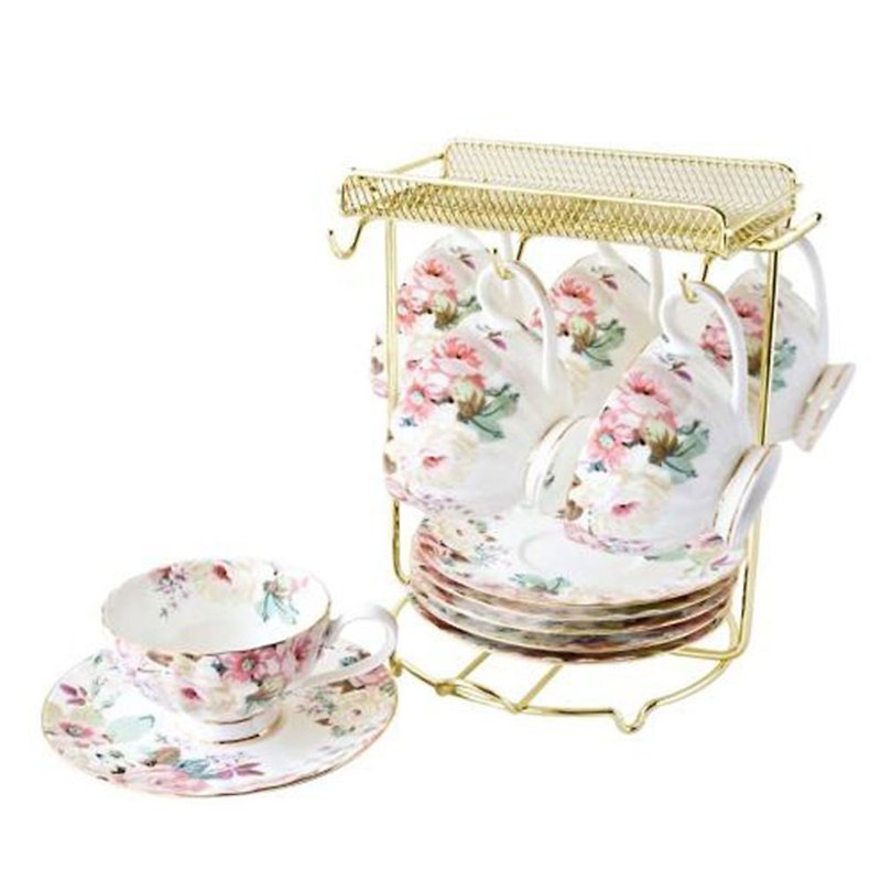 JUST HOME Rose Bone China Six Cup Plate Set (With Gold Stand) - Teapots & Teacups - Other Materials White