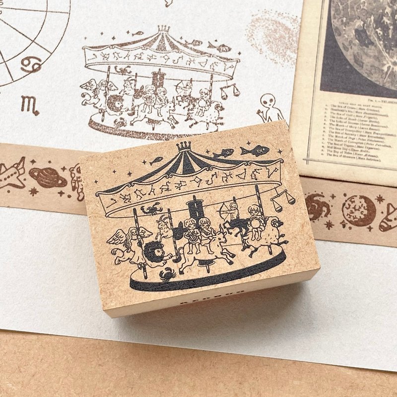 12星座のメリーゴーランドのはんこ　ラバースタンプ (40×55) - 印章/印台 - 木頭 咖啡色