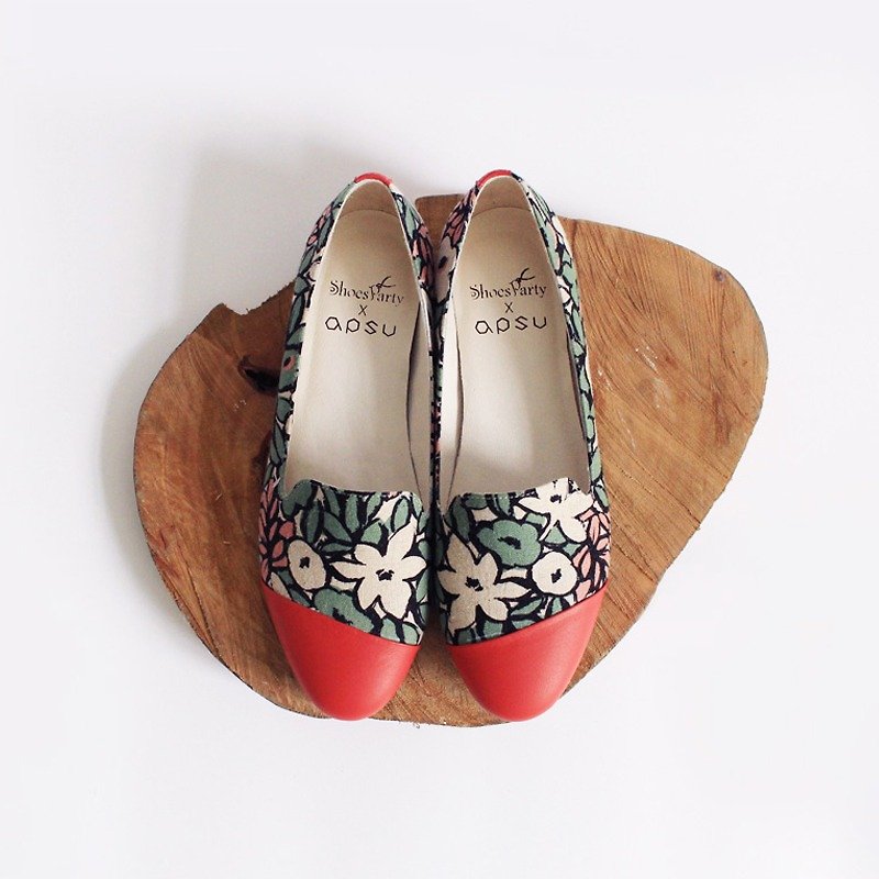 Shoes Party 漾 Green Sliding Mosaic Obella / Handmade / Japanese Fabric / M2-17322F - Women's Casual Shoes - Cotton & Hemp 