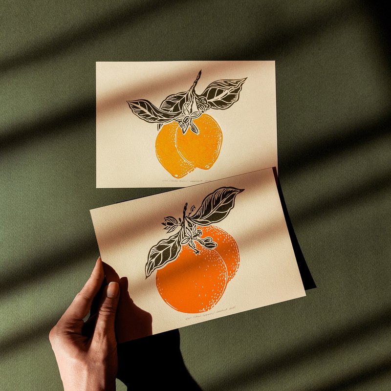 Vintage lemons oranges fruits Linocut print Gallery wall set of 2 art decor - 壁貼/牆壁裝飾 - 紙 橘色