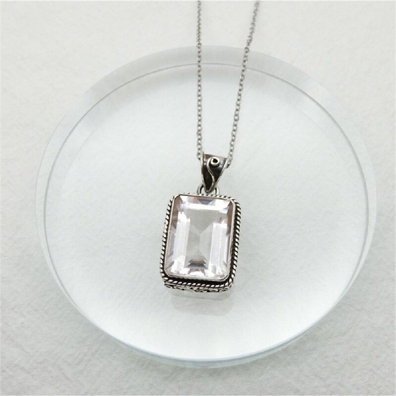白水晶925純銀公主方典雅鑲邊項鍊 尼泊爾手工銀飾 - 項鍊 - 寶石 銀色