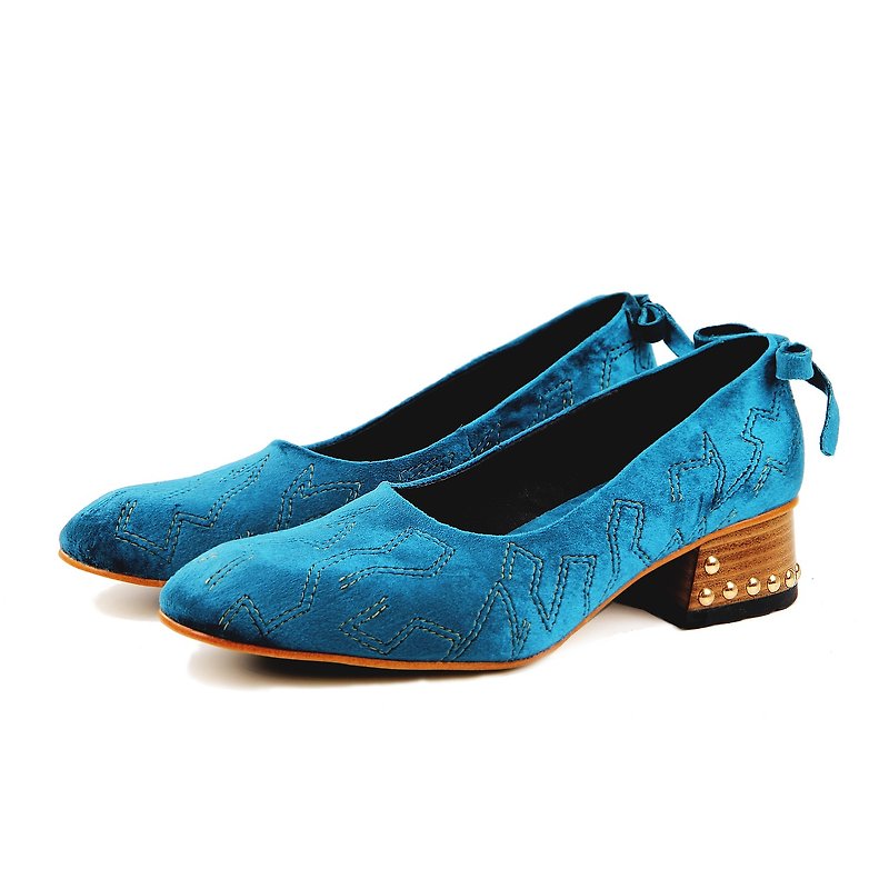 Sweet Villians W1061 手工真皮粗跟鞋 孔雀藍 - 高踭鞋 - 棉．麻 藍色