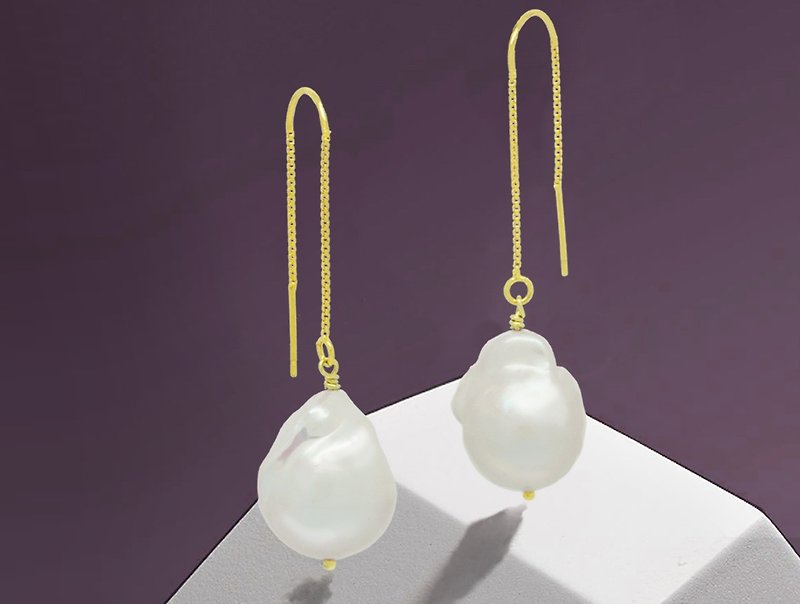 Edith & Jaz • 不定形淡水珍珠純銀鏈式耳環 - 金色 - 耳環/耳夾 - 寶石 金色