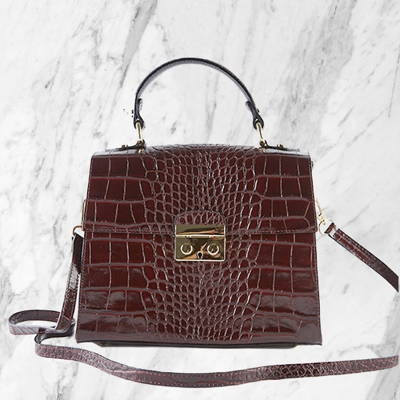 [Made in Italy] Queeny metal lock leather embossed large bag - burgundy - กระเป๋าแมสเซนเจอร์ - หนังแท้ สีแดง
