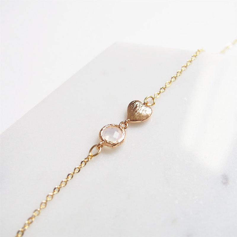 Girl's Heart Launcher・Gold Plated Bound Glass Imitation Gemstone・Gold Plated Heart Bracelet (White) - สร้อยข้อมือ - โลหะ ขาว