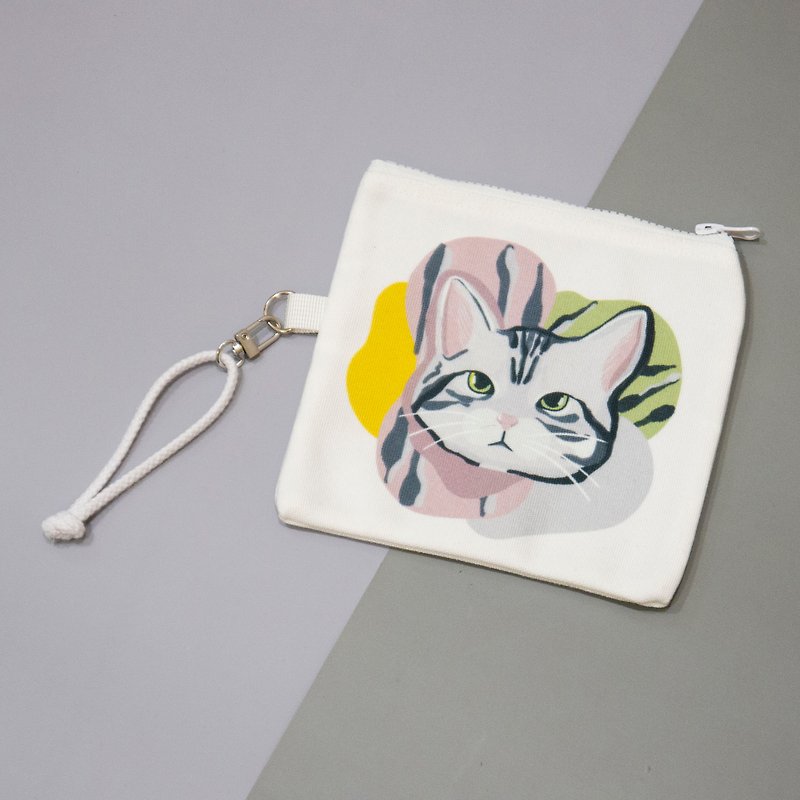 貓咪插畫帆布小袋白色-美國短毛貓 - 化妝袋/收納袋 - 聚酯纖維 白色