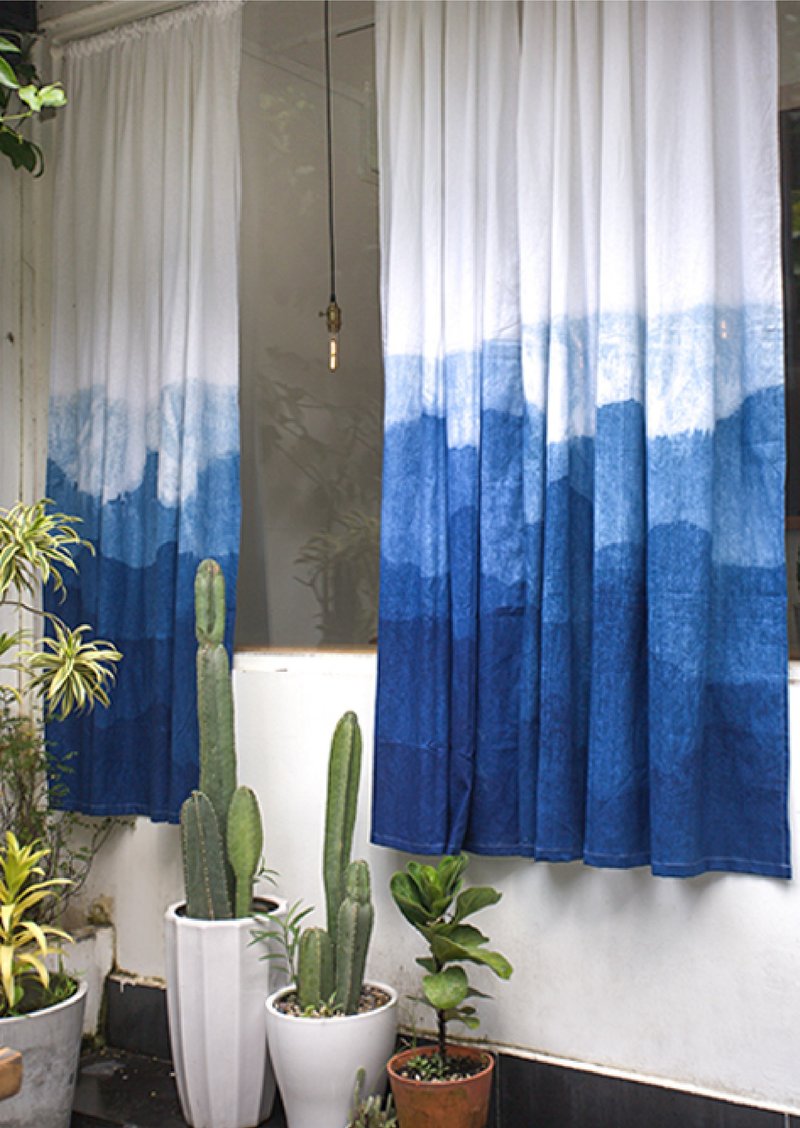 Gradient blue dyeing custom handmade linen curtains/original design/natural vegetation dyeing/customizable/finished curtains - Doorway Curtains & Door Signs - Cotton & Hemp Blue