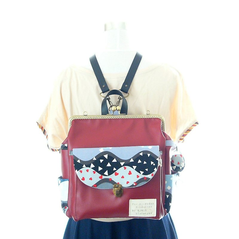Made in japan ３WAY With side zipper Backpack　S size　Nordic print wine heart - Backpacks - Genuine Leather Red