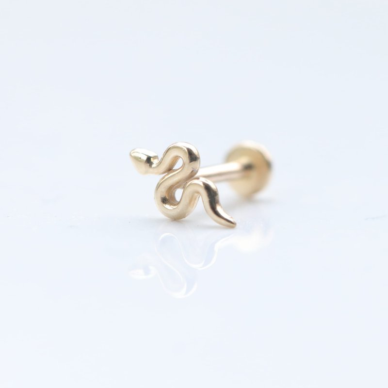 14K line small snake lock bead earrings (front lock flat bottom round cake) (single) ear bone and ear socket will not fade - ต่างหู - เครื่องประดับ สีทอง