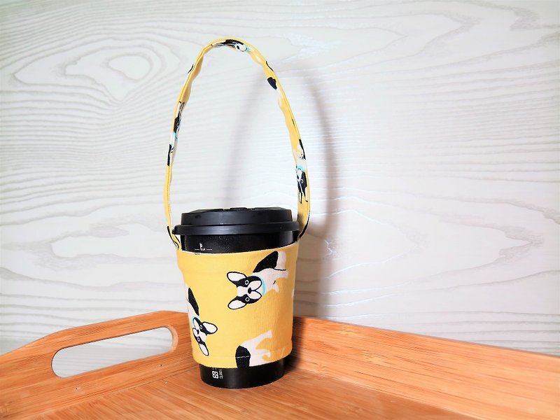 Bulldog dog (yellow) / green drink cup cover. Bag. "Plastic limit policy new measures." Environmental protection cloth durable - อื่นๆ - ผ้าฝ้าย/ผ้าลินิน สีเหลือง