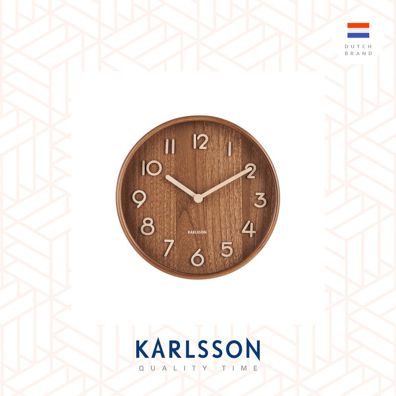 荷蘭Karlsson,22cm 木制深木色數字掛鐘Wall clock Pure basswood - 時鐘/鬧鐘 - 木頭 咖啡色