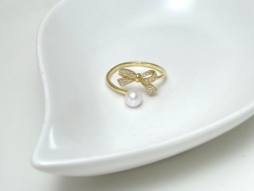 Athena珍珠設計 天然海水珍珠 akoya 櫻花粉 S925銀14K注金 戒指