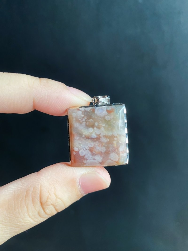 櫻花瑪瑙 方形 滿天星 意淨美 油畫 S925銀鑲 天然 禮物 項鍊 - 項鍊 - 水晶 紅色