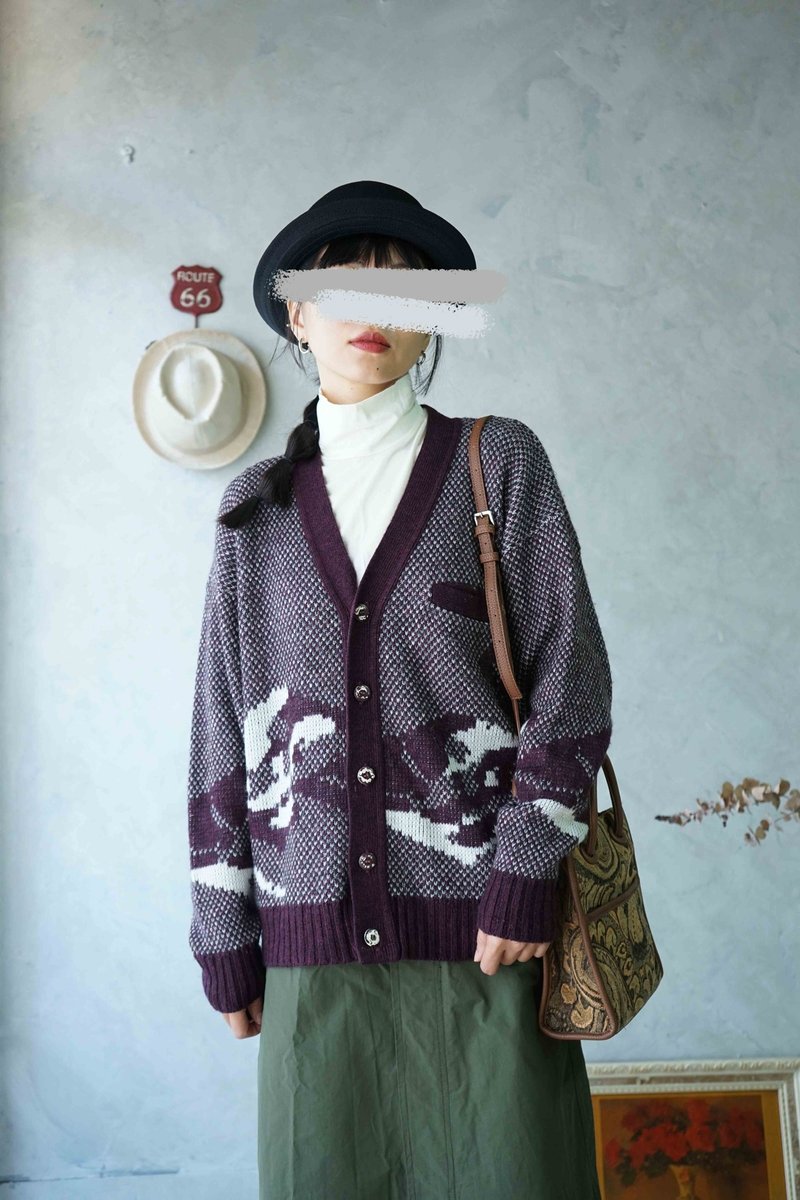 Treasure Hunt Vintage - Mysterious Purple Jacquard Knit Cardigan - Women's Sweaters - Polyester Purple