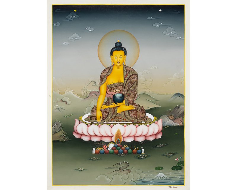 手工製作的釋迦牟尼佛唐卡 – 啟蒙與寧靜 | 藏族唐卡藝術 | 神聖 - 紅包袋/春聯 - 其他材質 多色