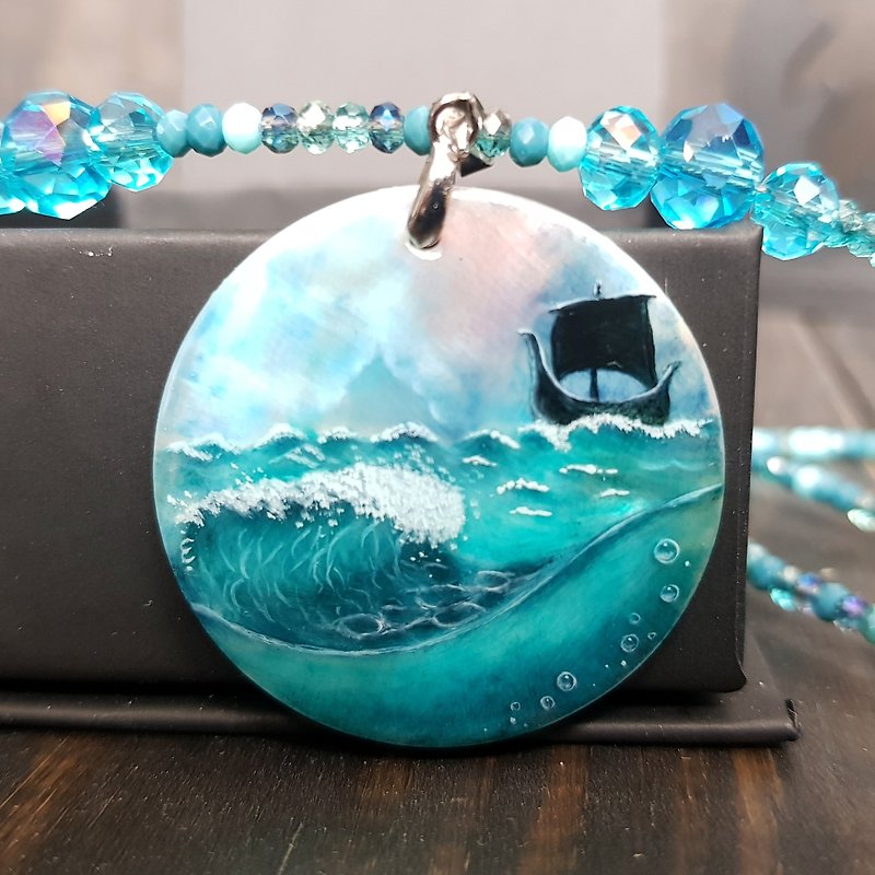 Wave necklace with viking ship, sea wave miniature painting on pearl pendant - 項鍊 - 珍珠 藍色