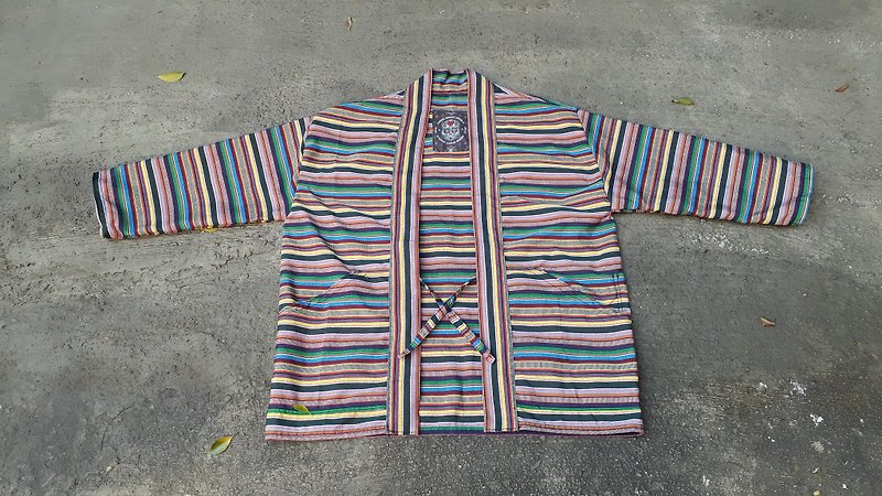 AMIN'S SHINY WORLD手工KIMONO彩虹條紋提花滿版罩衫大衣 - 外套/大衣 - 棉．麻 多色
