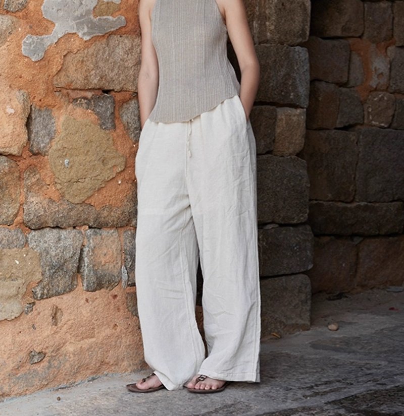 Vintage elegant linen casual straight pants - Women's Pants - Other Materials White