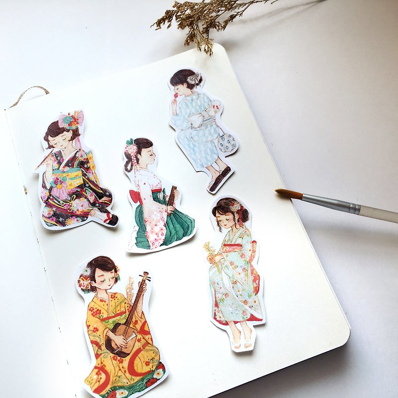 Stickers/ Kimono Girls / 5pcs - Stickers - Paper Multicolor