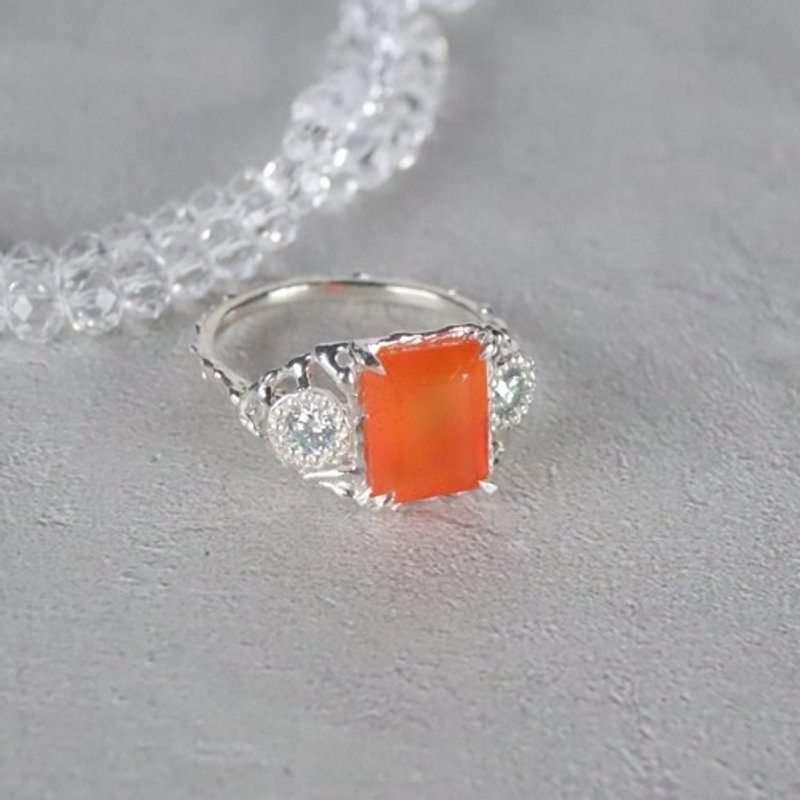 Sunset Carnelian and Moissanite "Sunset Hour" Ring Silver 925 Size 13 (Cannot be resized) - แหวนทั่วไป - เครื่องเพชรพลอย 