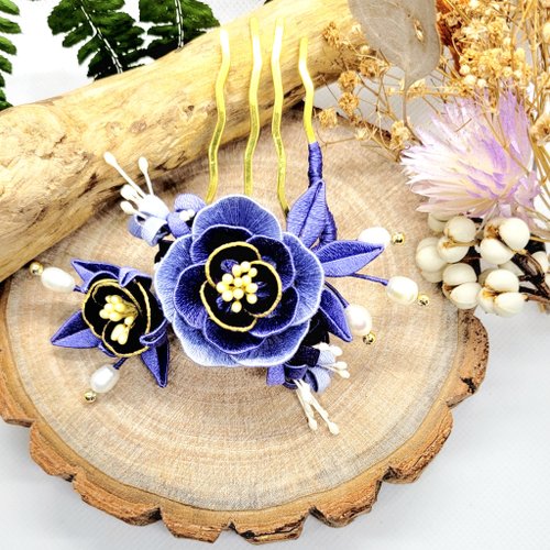 ローズフラワーヘアコーム/4本歯コーム（グレーパープル）春の花