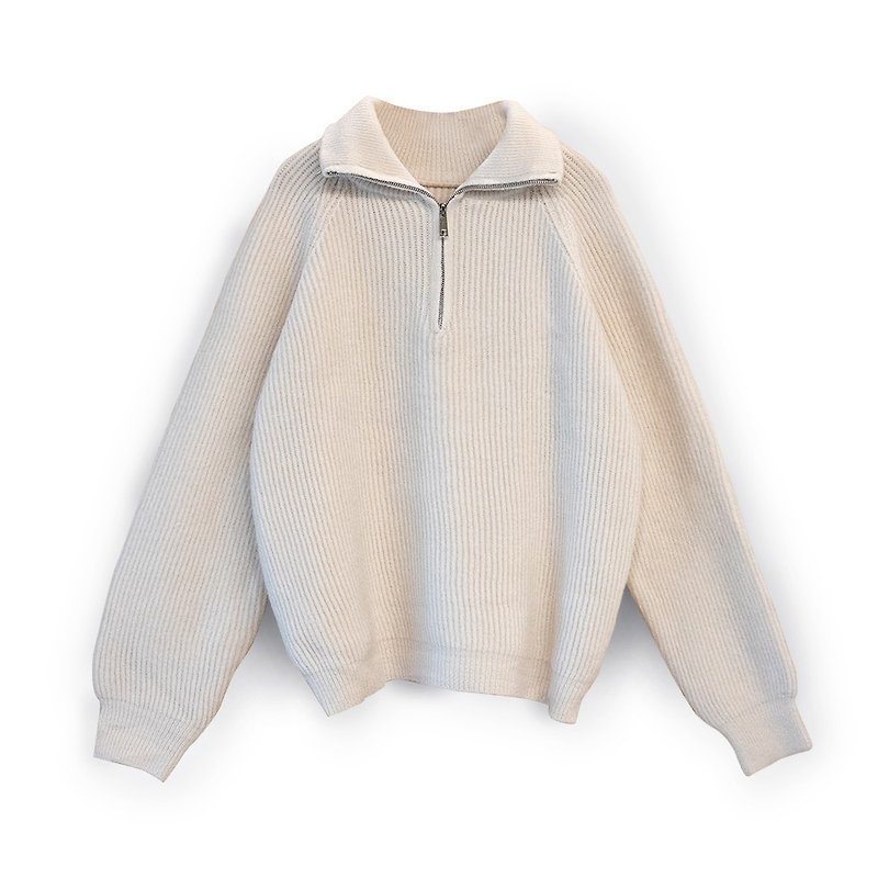 Turtleneck Zip Knit Sweater White F - สเวตเตอร์ผู้หญิง - ผ้าฝ้าย/ผ้าลินิน ขาว