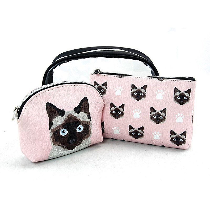 童趣暹羅貓三件組化妝包/萬用收納包 粉紅色 - 愛雪莉 - 化妝包/收納袋 - 人造皮革 粉紅色
