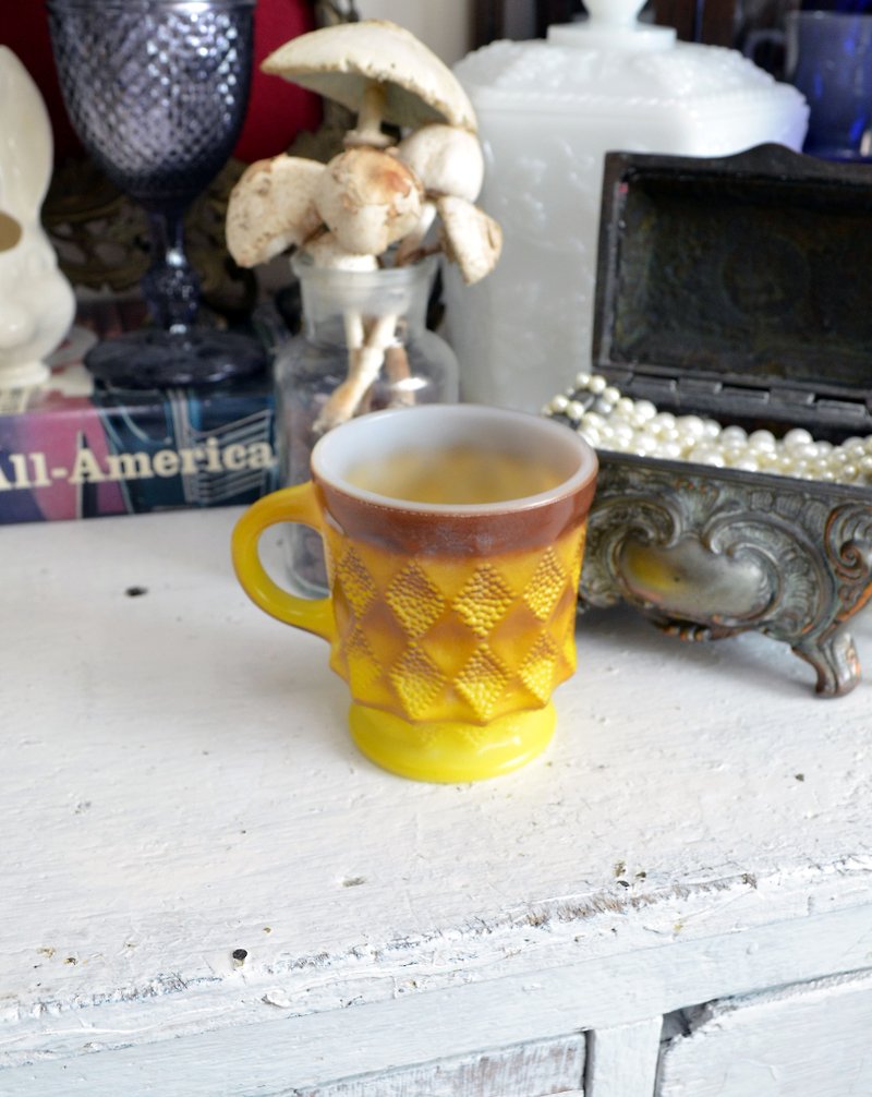 FIRE KING Turquoise x Mustard Yellow Diamond Coffee Cup 60's Antique Glassware MUG - Mugs - Glass Yellow