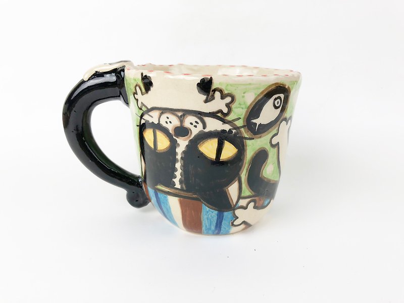 Nice Little Clay Handmade Cup Upside Down Naughty Flower Cat 0103-18 - Mugs - Pottery Green