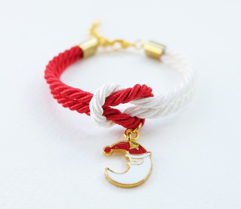 Christmas gift collection , Red/White knot rope bracelet with Santa Cluas moon charm - สร้อยข้อมือ - วัสดุอื่นๆ สีแดง