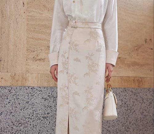 初蟬 新中式中國風 醋酸緞面高端提花半身裙