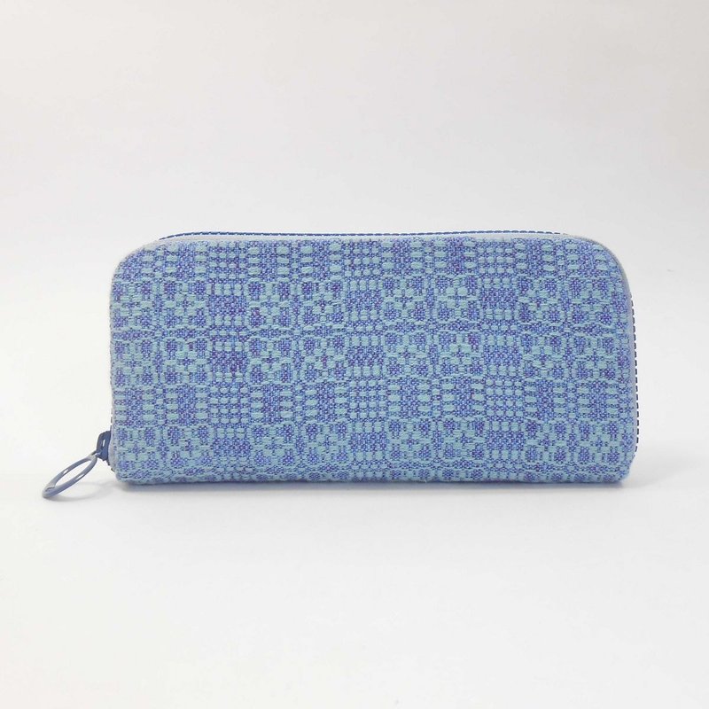 Handwoven long clip 07-aqua blue x lake blue - Wallets - Cotton & Hemp Blue