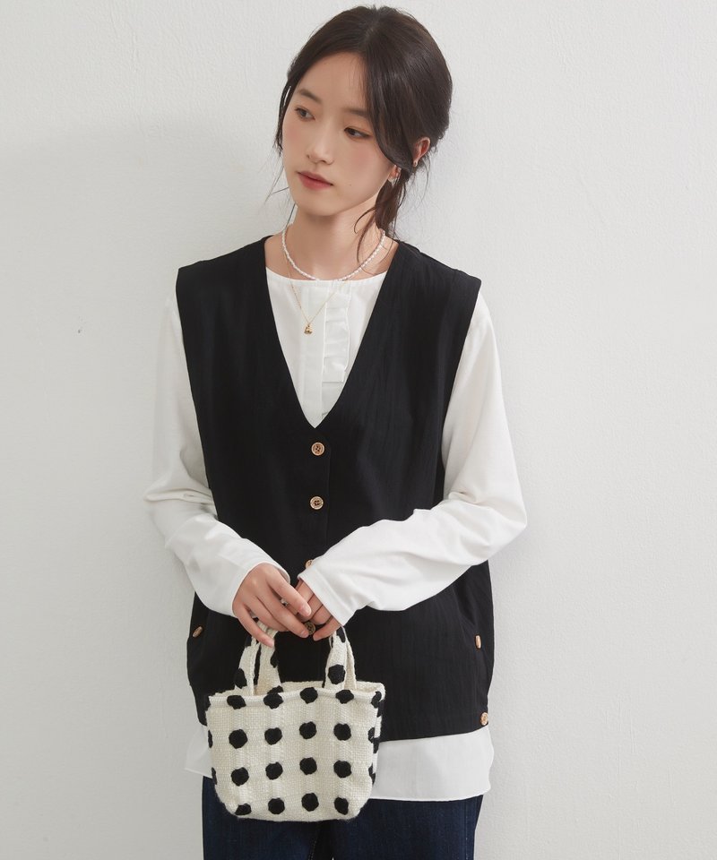 ボタンたくさんのVネックベスト - 背心/無袖上衣 - 棉．麻 黑色