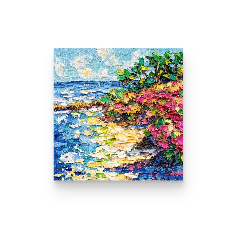 Hawaii Oil Painting Beach Flower Original Art Palm Tree Seascape Texture Decor - 壁貼/牆壁裝飾 - 其他金屬 