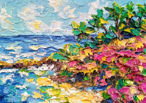 原画 優しさに包まれて Pink 風景画 ハワイ 海の絵 月の絵 ヤシの木