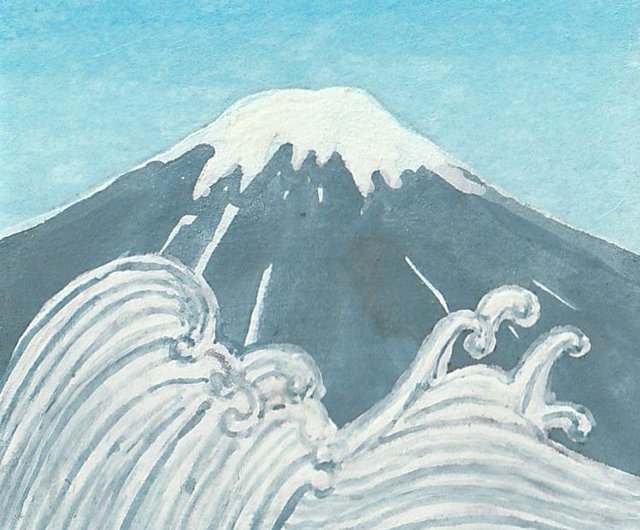 日本画ポスター 富士山と波 絵画 ミニ額付き ミニアートパネル