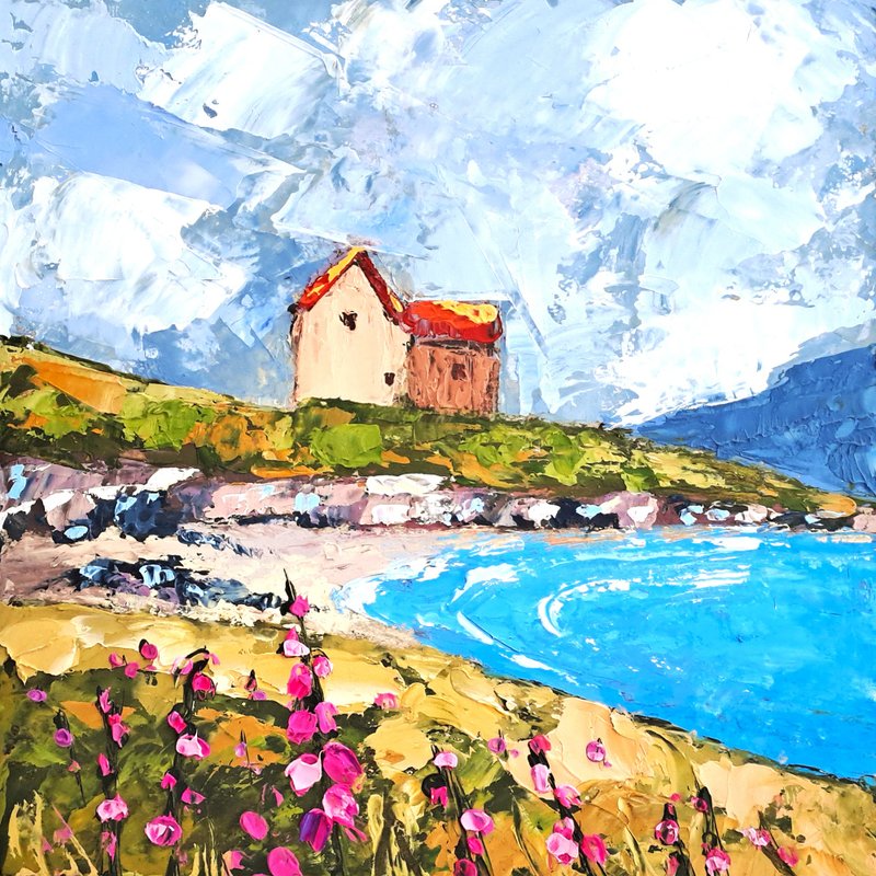 Ireland Painting Irish Original Art Meadow Landscape Oil Painting Cottage Art - 海報/掛畫/掛布 - 其他材質 多色