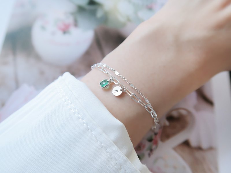 925 sterling silver star-studded green agate customized engraved double chain bracelet with free gift packaging - สร้อยข้อมือ - เงินแท้ สีเขียว