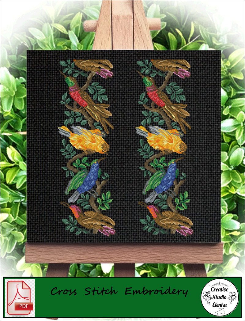 Vintage Cross Stitch Scheme Border parrots - PDF Embroidery Scheme - Knitting, Embroidery, Felted Wool & Sewing - Other Materials 