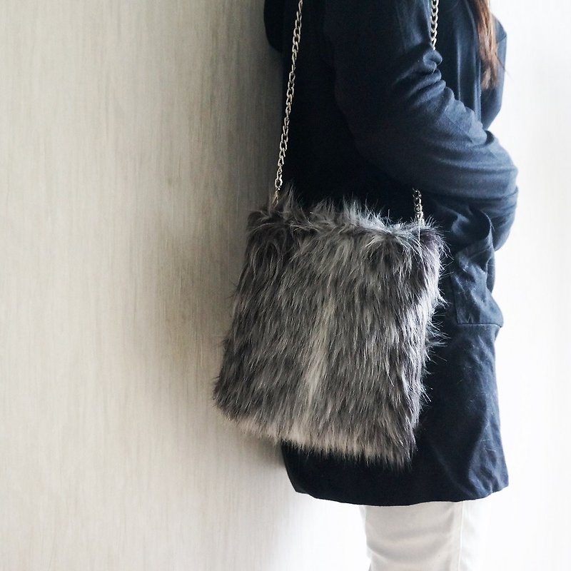 2way Minimal Fluffy Eco Fur Bag Chain Bag Mini Shoulder - Messenger Bags & Sling Bags - Acrylic Gray