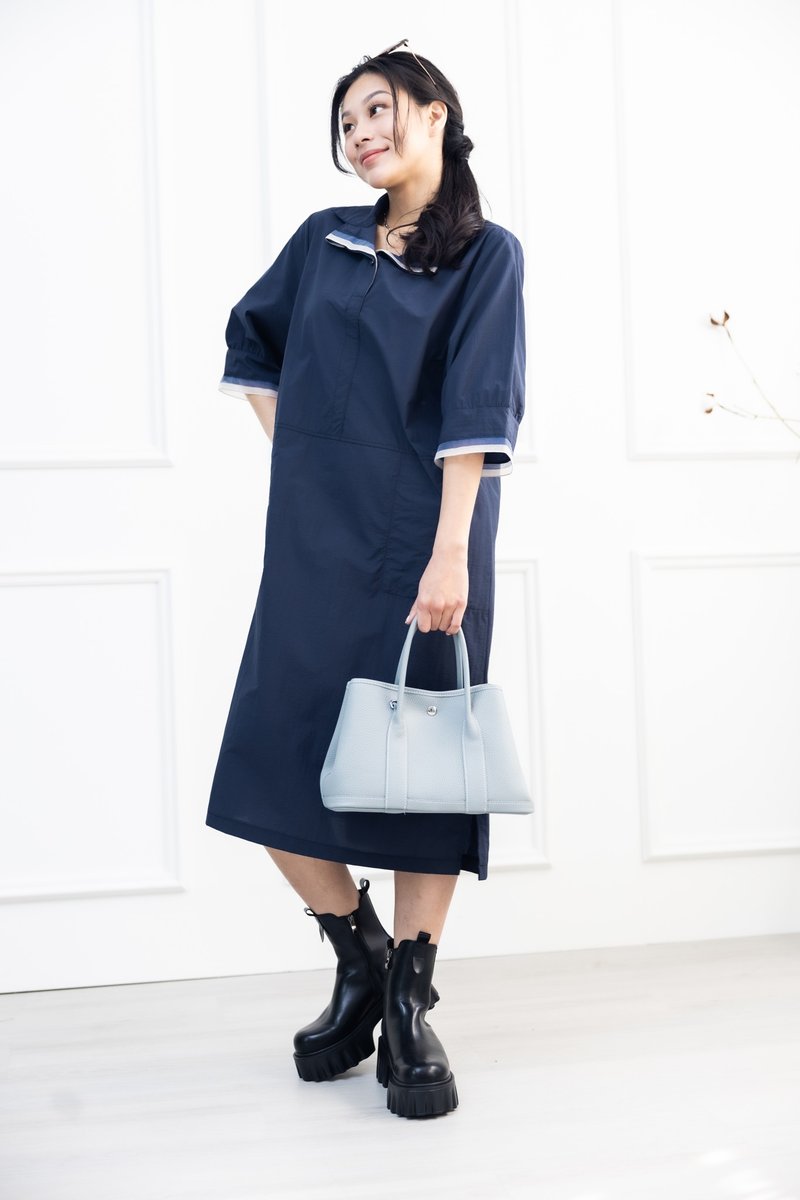 Styling collar six-quarter sleeve dress dark blue - ชุดเดรส - วัสดุอื่นๆ สีน้ำเงิน