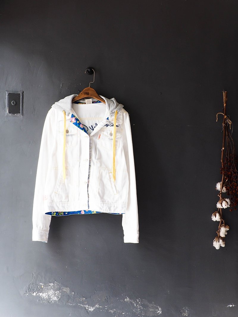 Heshui Mountain - Shizuoka white embroidered hooded youth hand-stitched antique cotton denim shirt jacket coat oversize vintage - เสื้อแจ็คเก็ต - เส้นใยสังเคราะห์ ขาว