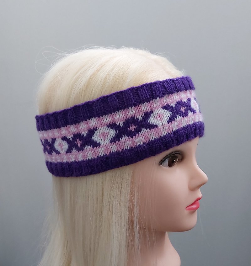 Wool Headbands Purple - Women's knitted headband violet with jacquard pattern